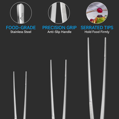 HOTEC Kitchen Tweezers Tongs Stainless Steel Professional Chef Tweezers, Set of 3-6.3", 10" and 12inch Food Tongs for Cooking, Repairing, Dessert, BBQ, Meat, Pasta, Silver