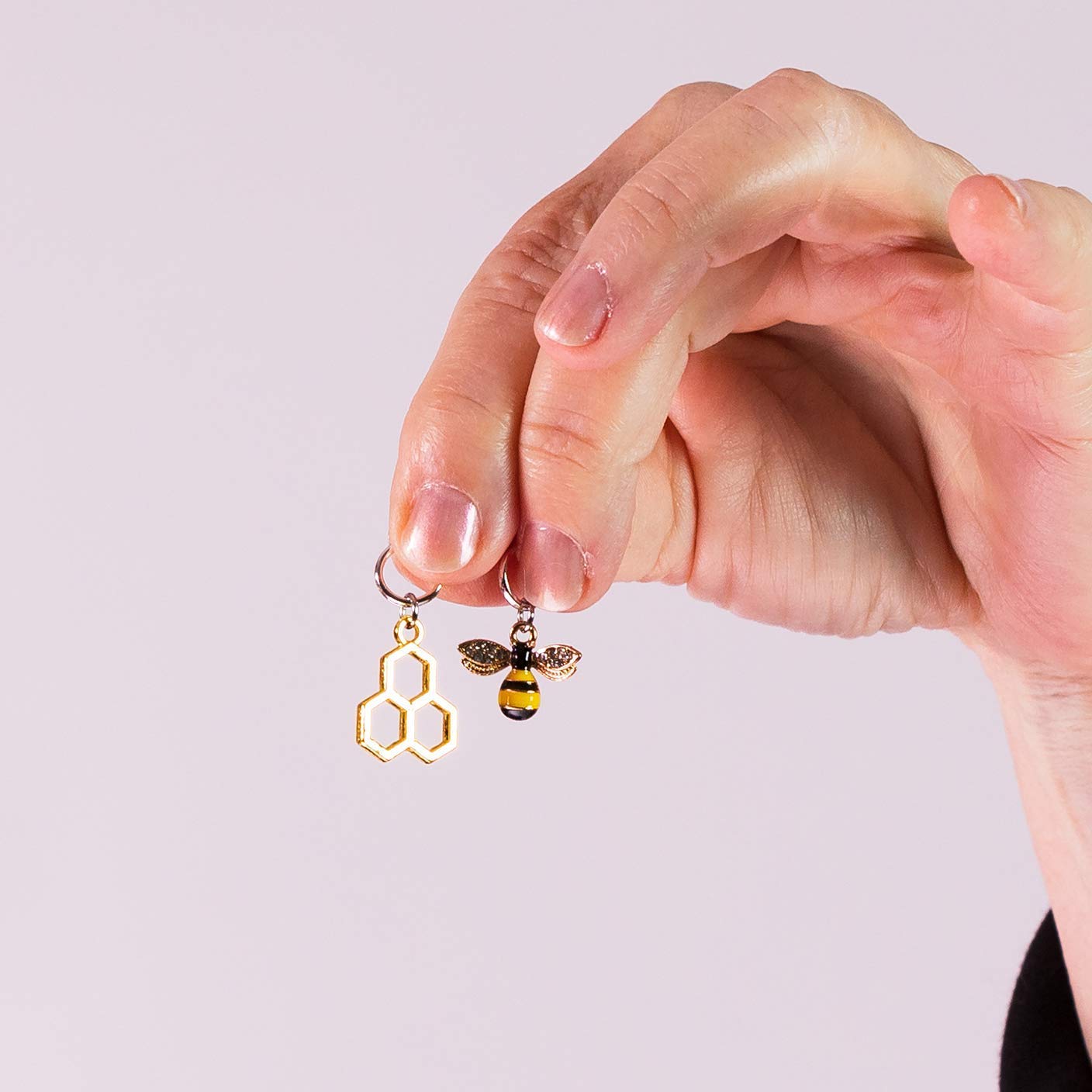 Honey Bee Knitting Stitch Markers with Storage Tin | Ring Style Closed Rings | Bee & Honeycomb Charms for Knitters | Gift for Yarn Lovers | Handmade by Pretty Warm Designs