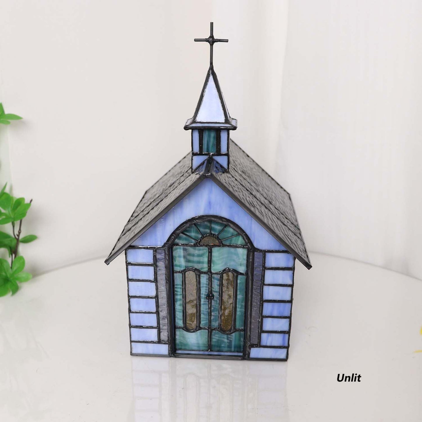 Bieye L12008 Christian Church Tiffany Style Stained Glass Table Lamp (Blue Chruch)