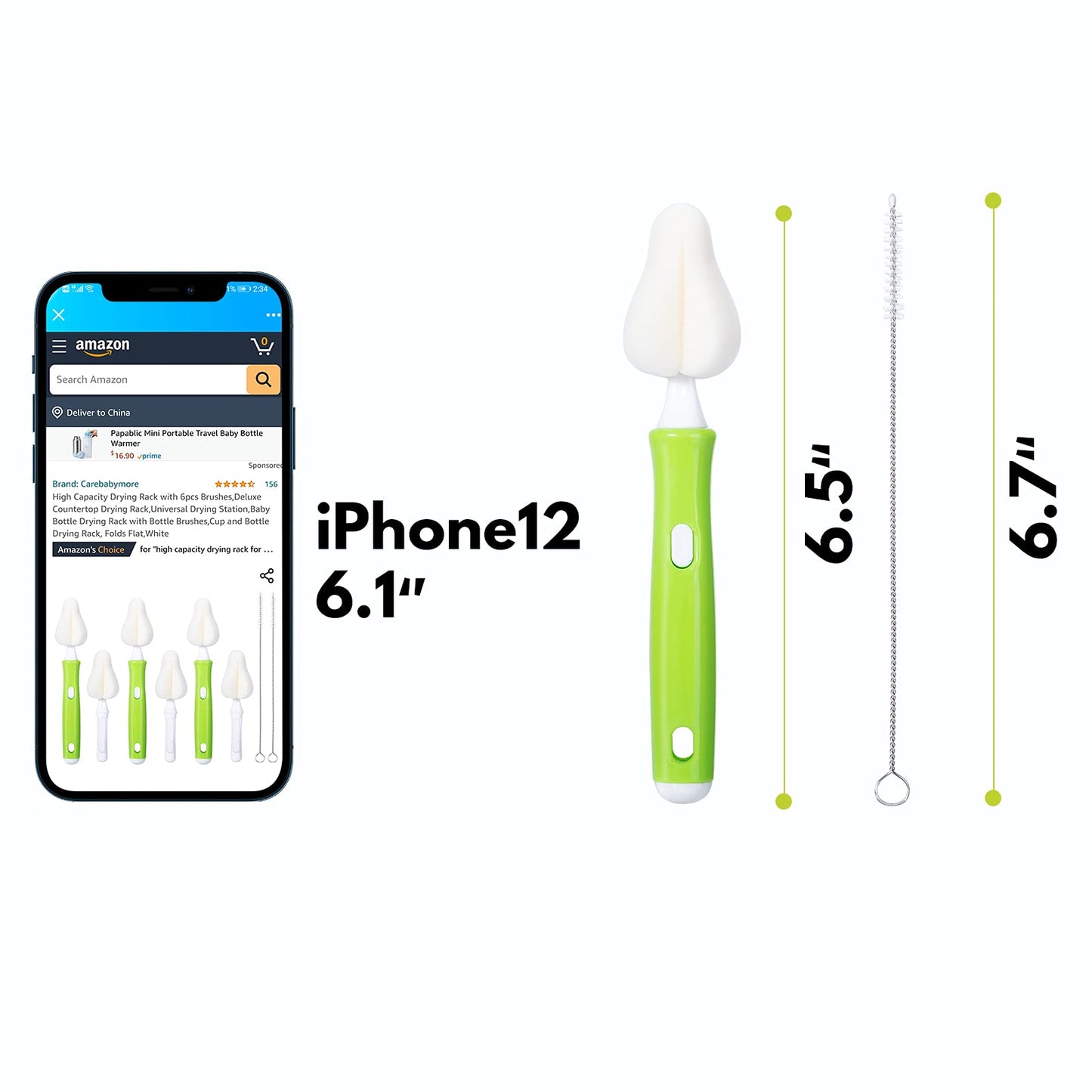 Carebabymore 8 Piece Sponge Nipple Bottle Brushes, Baby Bottle Brush with 3 Piece Nipple Cleaner, 3 Piece Replacement Heads and 2 Piece Straw Brushes, Green