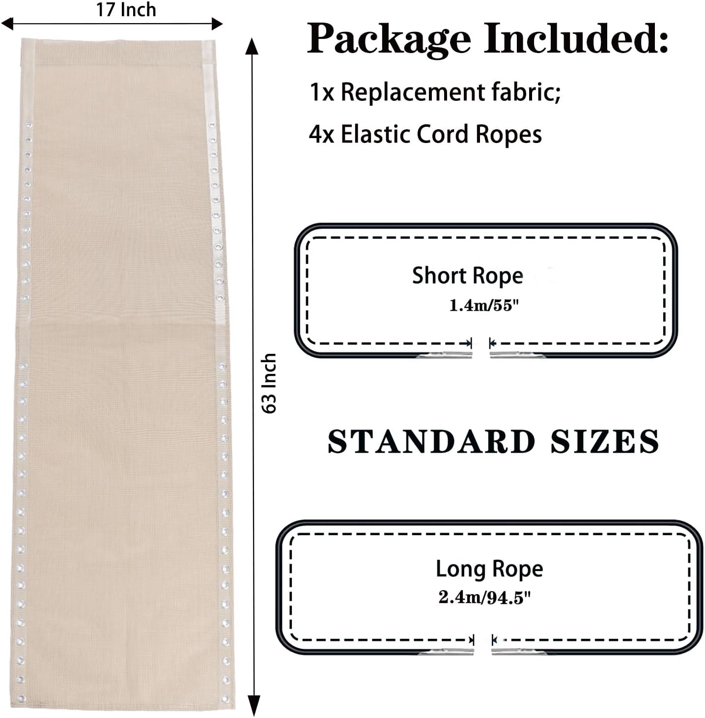 Zero Gravity Chair Replacement Fabric, 17 Inch Wide with 4 Bungee Cord Kit, Repair Cloth for Outdoor Recliner, Wheat