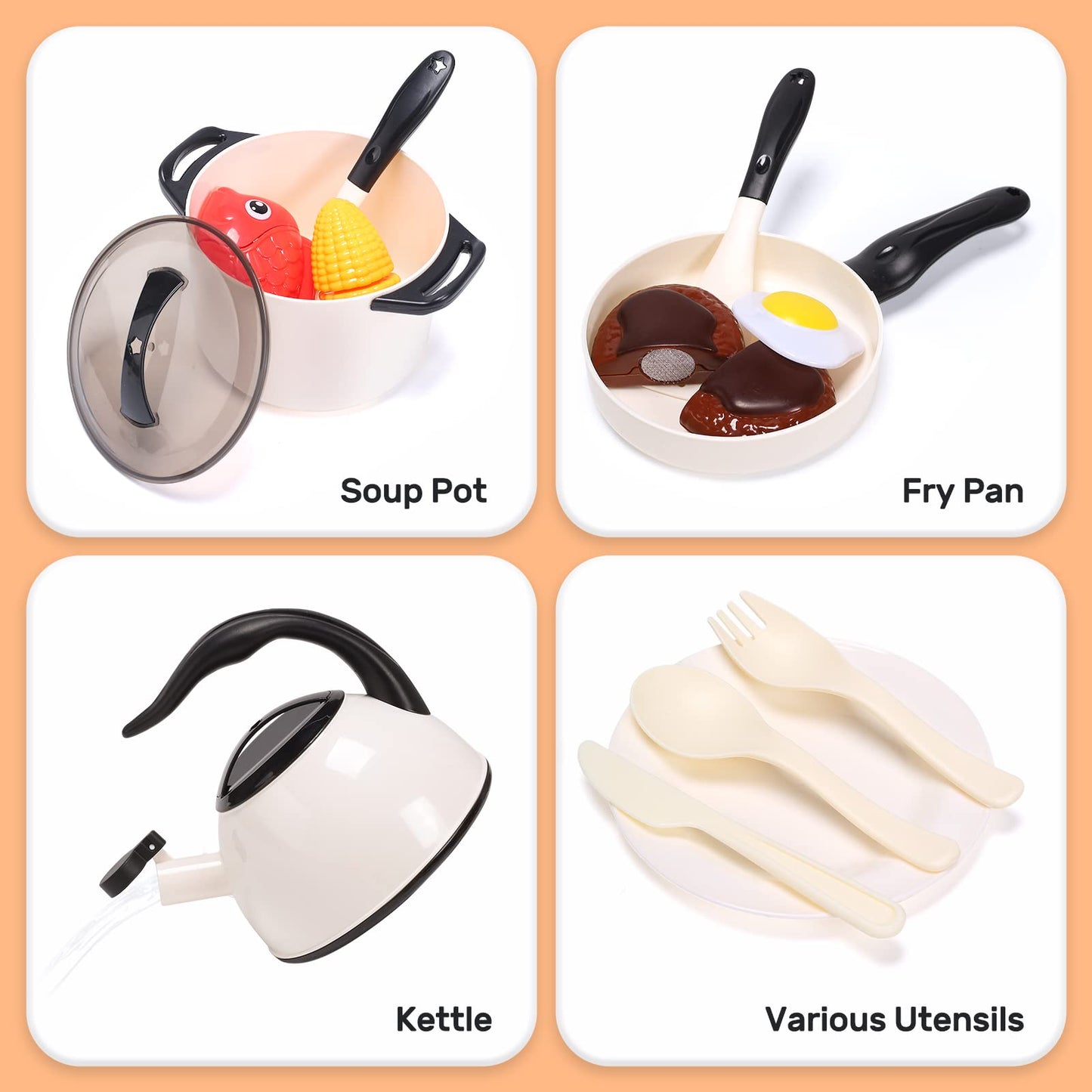 CUTE STONE Play Kitchen Accessories Toy, Play Food Sets for Kids Kitchen, Pretend Kitchen Set for Kids with Play Pots, Pans, Toddler Kitchen Playset Kitchen Toys for Girls Boys