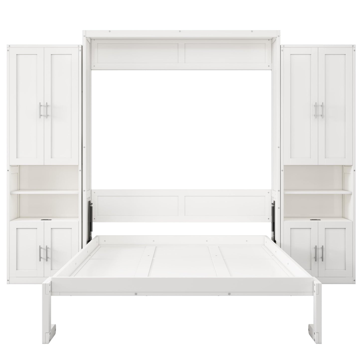 DNYN Queen Size Murphy Bed with Desk & Two Slide Storage Shelf for Small Space,Bedroom,Guest Room,Wooden Wall Bedframe w/Folding into Cabinet Design,Super Save Space & No Box Spring Needed, White