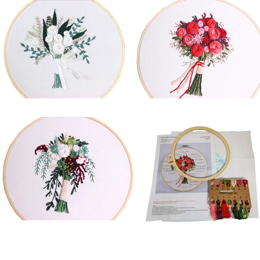 3 Sets Embroidery Starter Kit with Pattern and Instructions,Cross Stitch Beginner Kits with Frame,3 Plastic Embroidery Hoops,3 Embroidery Clothes and Color Threads (3 X Flower Pattern)
