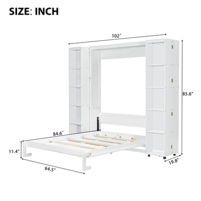 Ball & Cast Murphy Bed Queen Size,Wood Hidden Wall Bed with 2 Sides Push-Pull Foldable Storage Cabinets, Multifunctional Cabinet Bed Frame for Bedroom,Guest Room,Space Saving,White