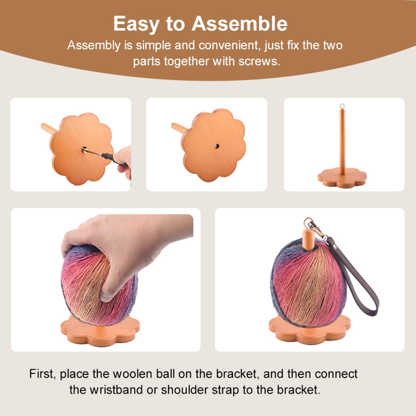Portable Wrist Yarn Holder for Crocheting Wooden Yarn Ball Holder with Wristband and Shoulder Strap Yarn Minder Spinner Knitting Supplies Crochet Gift for Knitting Lovers (Brown)
