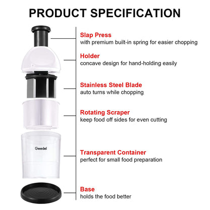 Geedel Food Chopper, Easy to Clean Manual Hand Vegetable Chopper Dicer, Dishwasher Safe Slap Onion Chopper for Veggies Onions Garlic Nuts Salads White