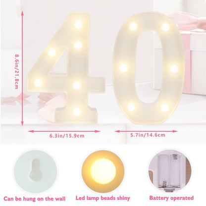 SKYPHAROS LED 40 Marquee Light Up Numbers, 40th Birthday Decorations for Women Men, Warm White Small 40 Marquee Letter Lights for 40th Birthday Party Table, Wedding, Anniversary, Home Decor