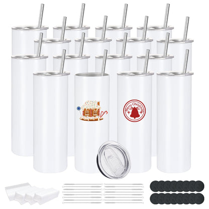 16 Pack Sublimation Tumblers Edge Blanks Skinny Straight Bulk 20 oz, Stainless Steel Double Wall Insulated Tumbler with Straw & Lids for Heat Transfer, White