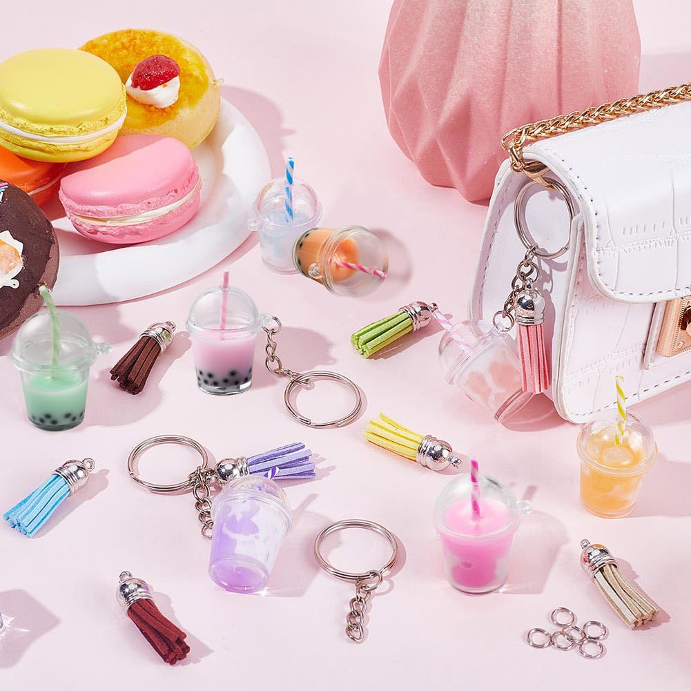 SUNNYCLUE 44Pcs DIY 8 Sets Milk Tea Charms Keychain Making Kit Bubble Tea Keychain Bulk Milktea Summer Hawaii Ice Cream Charms for Jewelry Making Kits Key Chains Supplies