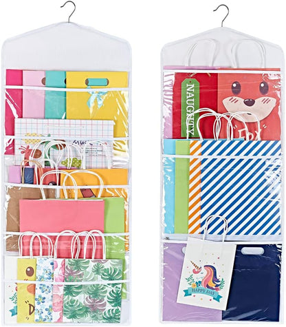 Primode Gift Bag Organizer - Double-Sided Hanging Storage with Multiple Pockets | 38 x 16 Inch (White)