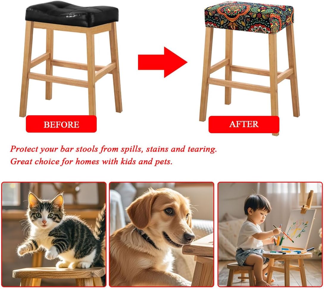 Lussenwert Set 4, 1 Stool Covers Rectangular of Stretch Printed Vanity Stool Covers Washable Saddle Bar Stool Slipcover