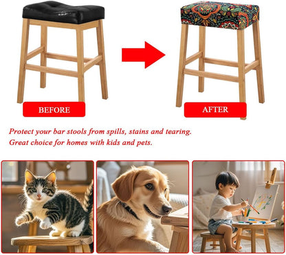 Lussenwert Set 4, 1 Stool Covers Rectangular of Stretch Printed Vanity Stool Covers Washable Saddle Bar Stool Slipcover