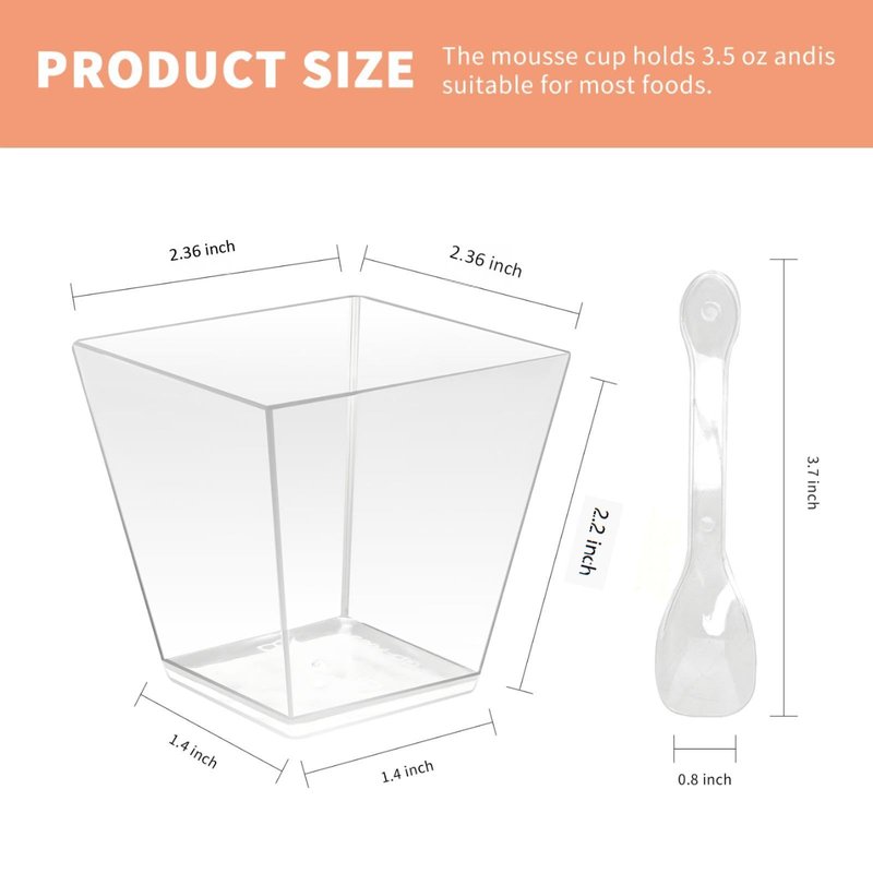piopiocoing 50 Pack 3.5 oz Clear Plastic Square Dessert Cups with Spoons，Mini Disposable Parfait Cups for Yogurt, Ice Cream and Tasting，Serving Cups for Appetizer，Pudding，Party (3.5 oz)