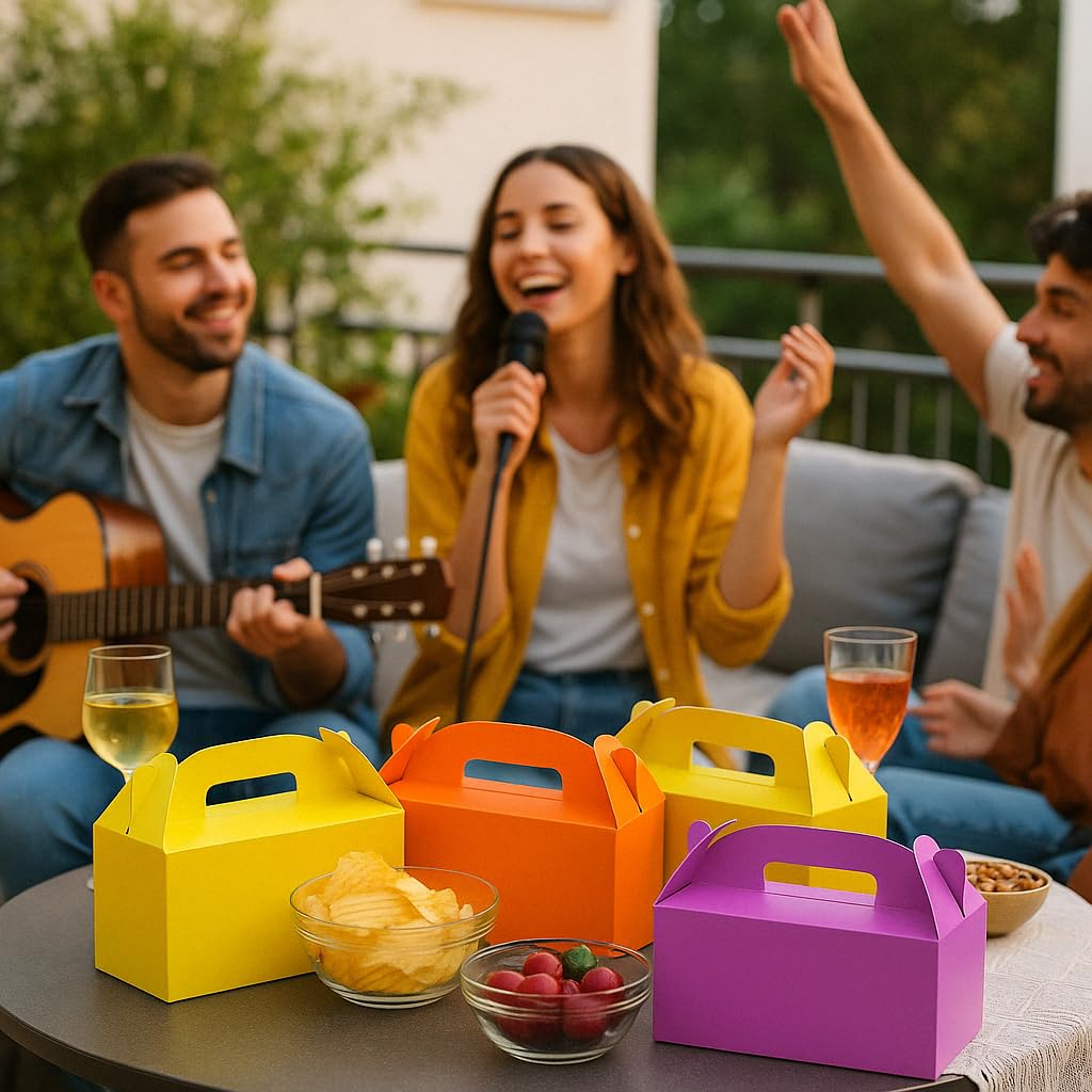 24Pack Large Party Favor Boxes,Yellow Treat Boxes,XiePiPiPaper(9.45*5*5"),Large Goodie Boxes, Gable Gift Boxes with Handles,Candy Boxes for Kids Birthday Baby Shower Wedding Halloween Christmas.