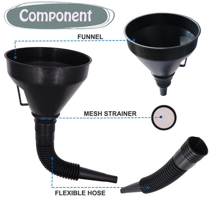Plastic Oil Funnels for Automotive Use Set of 5, Large Flexible Fuel Funnel with Hose for Gas Transfer, Gasoline Funnels for Cars Boat Canning and Bottle