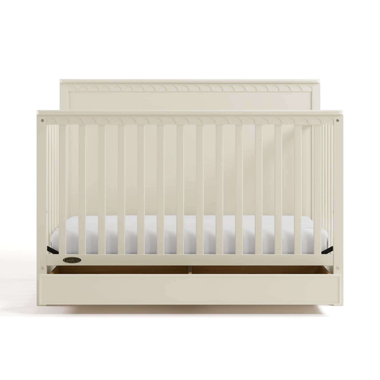 Graco Sasha 5-in-1 Convertible Crib with Drawer – GREENGUARD Gold Certified Wood Crib, Converts to Toddler Bed, Daybed, Full-Size Bed, Stylish Classic Design (Frosted Oat)