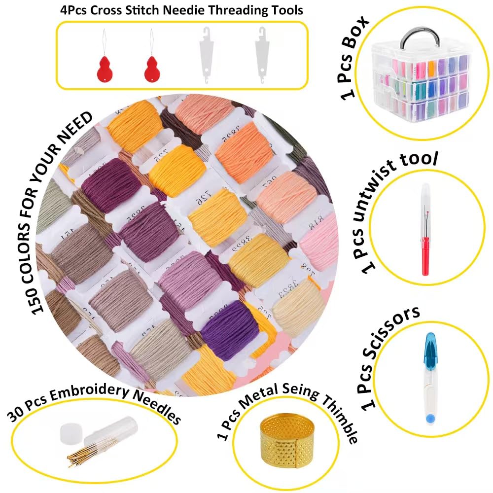 Fabpop 190 Pack Embroidery Floss Thread Kit Including 150 Colors Cross Stitch Sewing Thread with 40 Pcs Embroidery Accessories and 3-Tier Transparent Embroidery Thread Storage Organizer Box