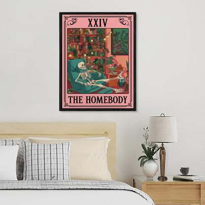 Spooky Framed Canvas Wall Art the Homebody Tarot Card Poster Print Wall Decor Sarcastic Skeleton Painting for Home Office Living Room Bedroom Decoration 11.5x15 Inches