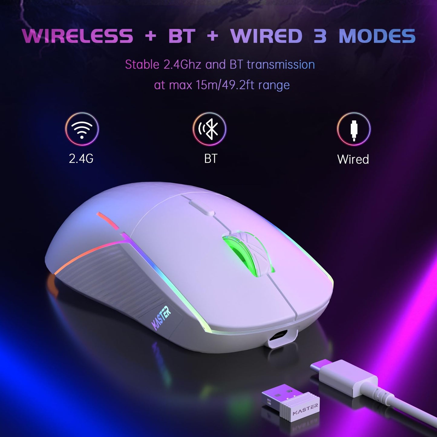 FFJ Wireless Gaming Mouse, 24000 DPI, Tri-Mode 2.4G/USB-C/Bluetooth 5.3 Gaming Mouse Wireless, RGB Programmable Mouse Gamer, 75Hrs Battery Life, Rechargeable Gaming Mice for PC, Mac, PS5, Xbox - Black