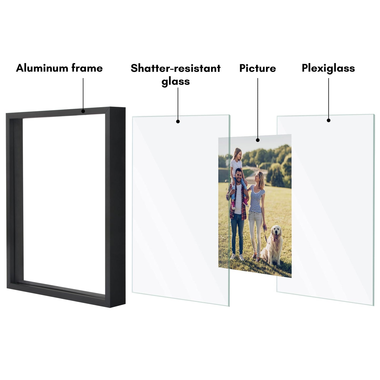 Americanflat Aluminum 8x10 Floating Picture Frame with Shatter-Resistant Glass - Set of 2 - Use as 5x7 Picture Frame or Display 8x10 Photo - Signature Float Collection - Photo Frames for Wall - Black