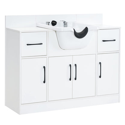 BarberPub Multi-Functional Shampoo Backwash Sink Station with Shampoo Bowl for Hair Stylist, Salon Spa Beauty Cabinet with Faucet Sprayer, Barber Storage Equipment 7139 (White)