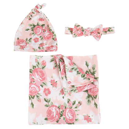 Aori Reborn Baby Doll Accessories Clothes Newborn Receiving Blanket with Headband and Hat Set Baby Swaddle Floral 3-Piece Swaddle Nursery Swaddle Wrap for 17-20 inch Reborn Doll