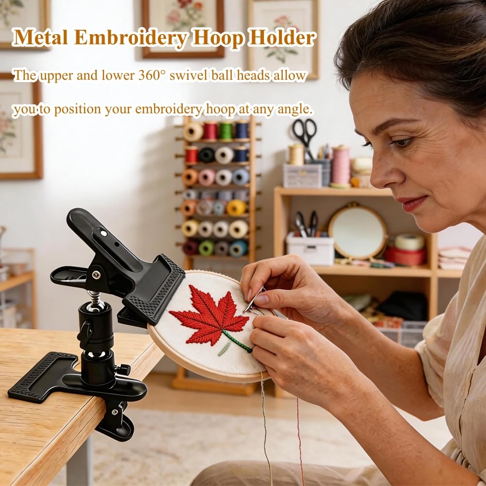 PXIRQ Embroidery Hoop Stand Hands-Free: 360° Rotation Adjustable Table Metal Clamp for Cross Stitch, Needlepoint, Punch Needle & DIY Crafts – Compatible with Most Sizes/ Shapes of Embroidery Hoops
