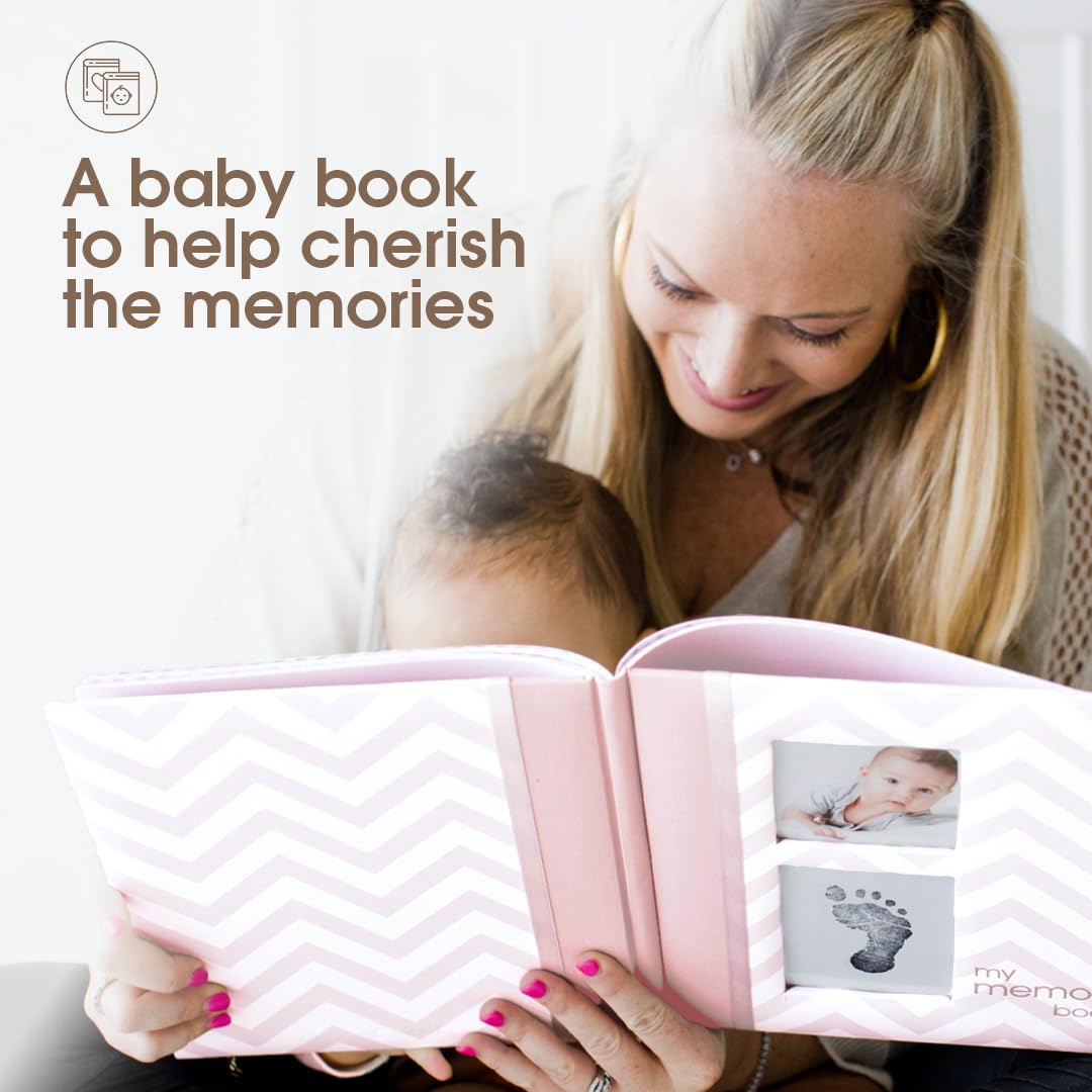 Pearhead Baby Memory Book, First 5 Years Baby Milestone Book, Pregnancy Journal, Gender Neutral Newborn Keepsake, With Clean-Touch Ink Pad For Baby's Handprint or Footprint, Pink Chevron