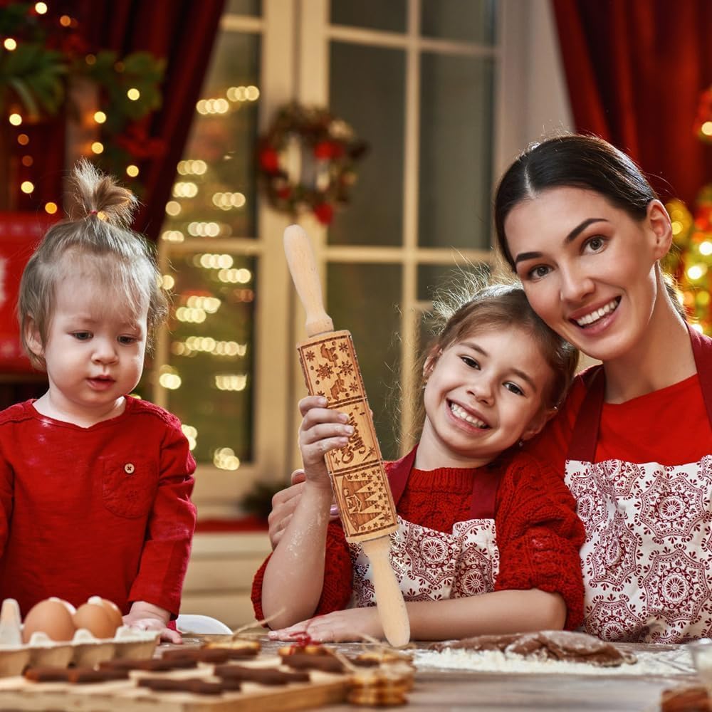 17" Premium Wood Rolling Pin with Nativity Embossed Designs, 3mm Deep Springerle Cookie Molds for Baking Gifts