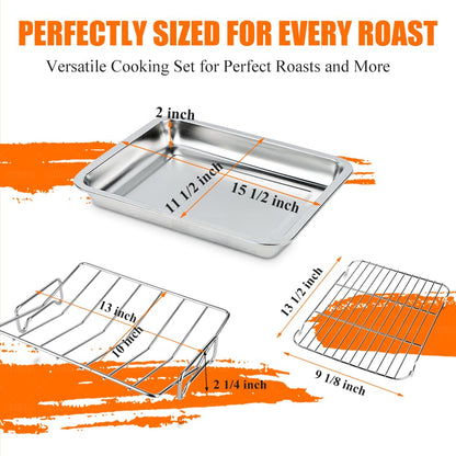 15.5 Inch Turkey Roasting Pan with V-Rack, Stainless Steel Turkey Roaster Pan for Ovens, with V & Flat Rack Meat Claws Brush, Deep Broiling Pan for Turkey Chicken Ham