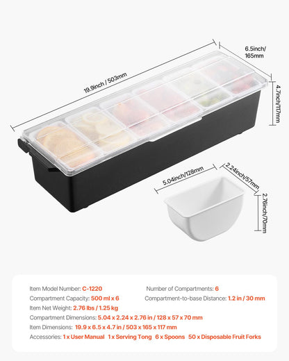 VEVOR Chilled Condiment Server, 6 Compartment Ice Cooled Condiment Serving Container, Chilled Garnish Tray Bar Caddy with Lid, for Bartending & Serving Taco, Salad, Fruit, Home & Restaurant Supplies