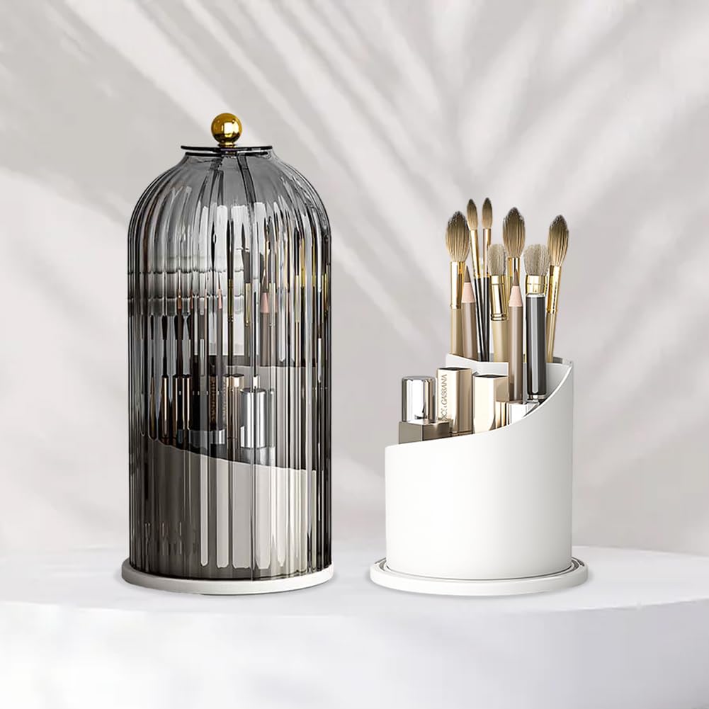 Makeup Brush Holder with Lid, 360 Rotating Sliding Opening Cosmetic Tools Organizer, Waterproof Dustproof Makeup Brush Organizer for Vanity Desktop Bathroom Countertop(COLOR:White And Black)