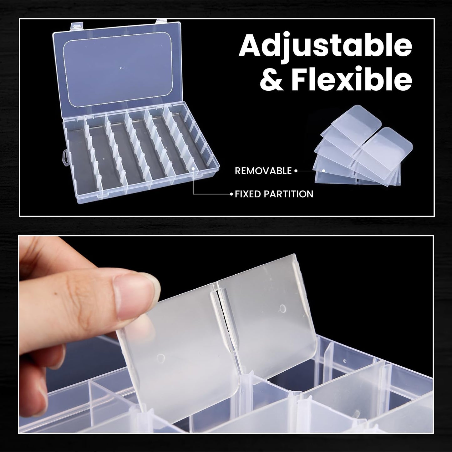 Budreu 4pack 36 Grids Plastic Clear Organizer Box Bead Storage Containers with Adjustable Dividers for Craft Jewelry Fishing Tackles Parts Storage with 4 Sheets Label Stickers