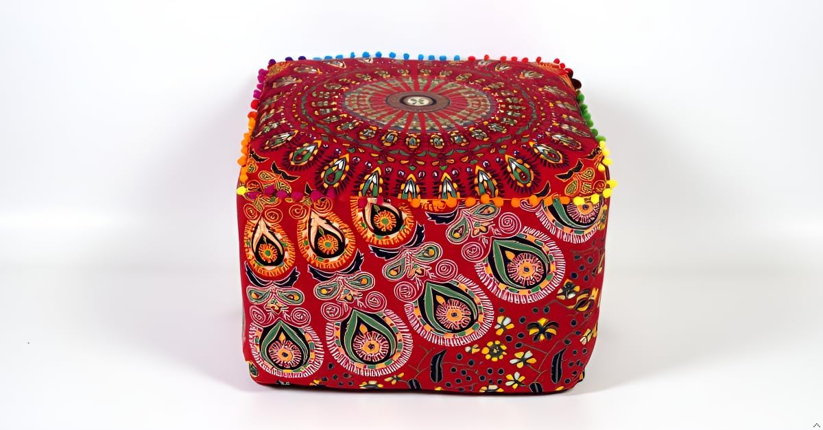 16X16X14 inches, CRAFT KALA Large Hippie Mandala Meditation Floor Ottoman Pillow Cushion Pouf Cover Square Poufs Cover