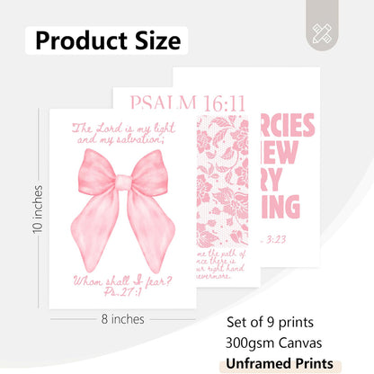 Christian Wall Art Pink Bible Verse Canvas Posters Coquette Bow Room Wall Decor Jesus Scripture Pictures Trendy Preppy Christian Floral Aesthetic Prints for Girls Bedroom 8x10xInch Set of 9 Unframed