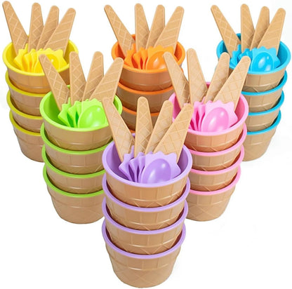 24 Pack 6 Set Frozen Summer Lawei Plastic Ice Cream Bowls with Spoons, Reusable Fun Ice Cream Cups Bulks, Cartoon Candy