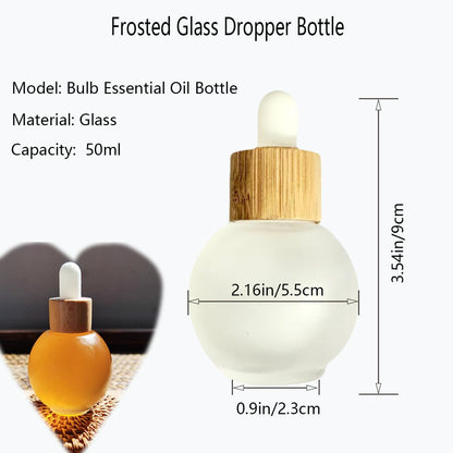Rowcay Frosted Glass Dropper Bottles, 50ml Small Bulb Shape Essential Oil Dropper Bottle Perfume Dispenser Bottle with Dropper and Bamboo Lid for Essential Oils, Perfumes and Other DIY Liquids(4Pcs)