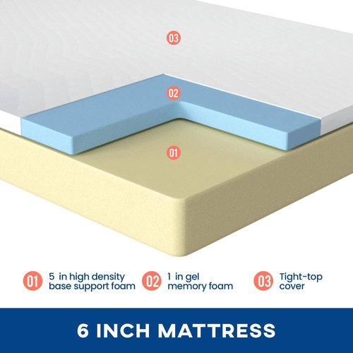FDW Gel Memory Foam Mattress - 6 Inch Medium Firm | Pressure Relief & Cooling | White Bed in a Box