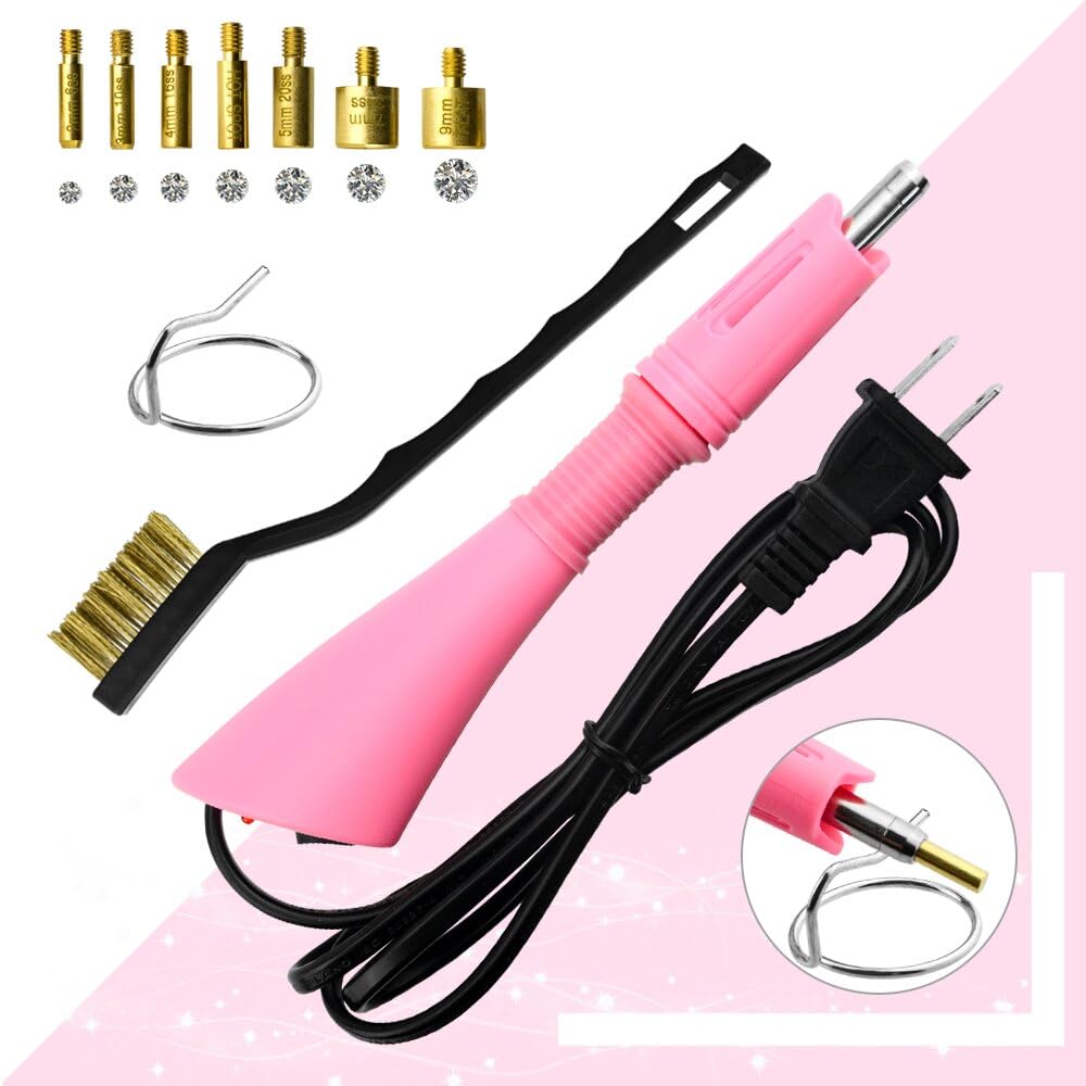 XINMEIWEN Bedazzler Kit with Rhinestones,Hot Fix Applicator Tool, Diamond Painting Pen, 7 Different Sizes Tips,Tweezers and Brush Cleaning Kit for DIY Clothes Shoes (Pink)