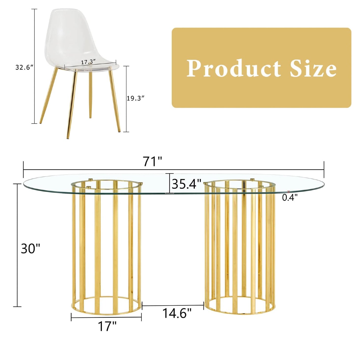 Trygoal Glass Dining Table Set, 7-Piece Table and Chair Set with 71" Oval Glass Dining Table & 6 Clear Acrylic Chairs, Modern 6-Seater Kitchen Table Set with Metal Double Column Luxury Style, Gold