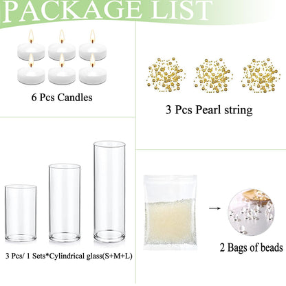 PNJHDZ Set of 3 Glass Cylinder Vases for Centerpieces with 2 Pack Vase Filler 3 Pearl String 6 White Floating Candles for Centerpieces, Table Center Pieces for Wedding Party Home Decor 5, 6, 8 Inch