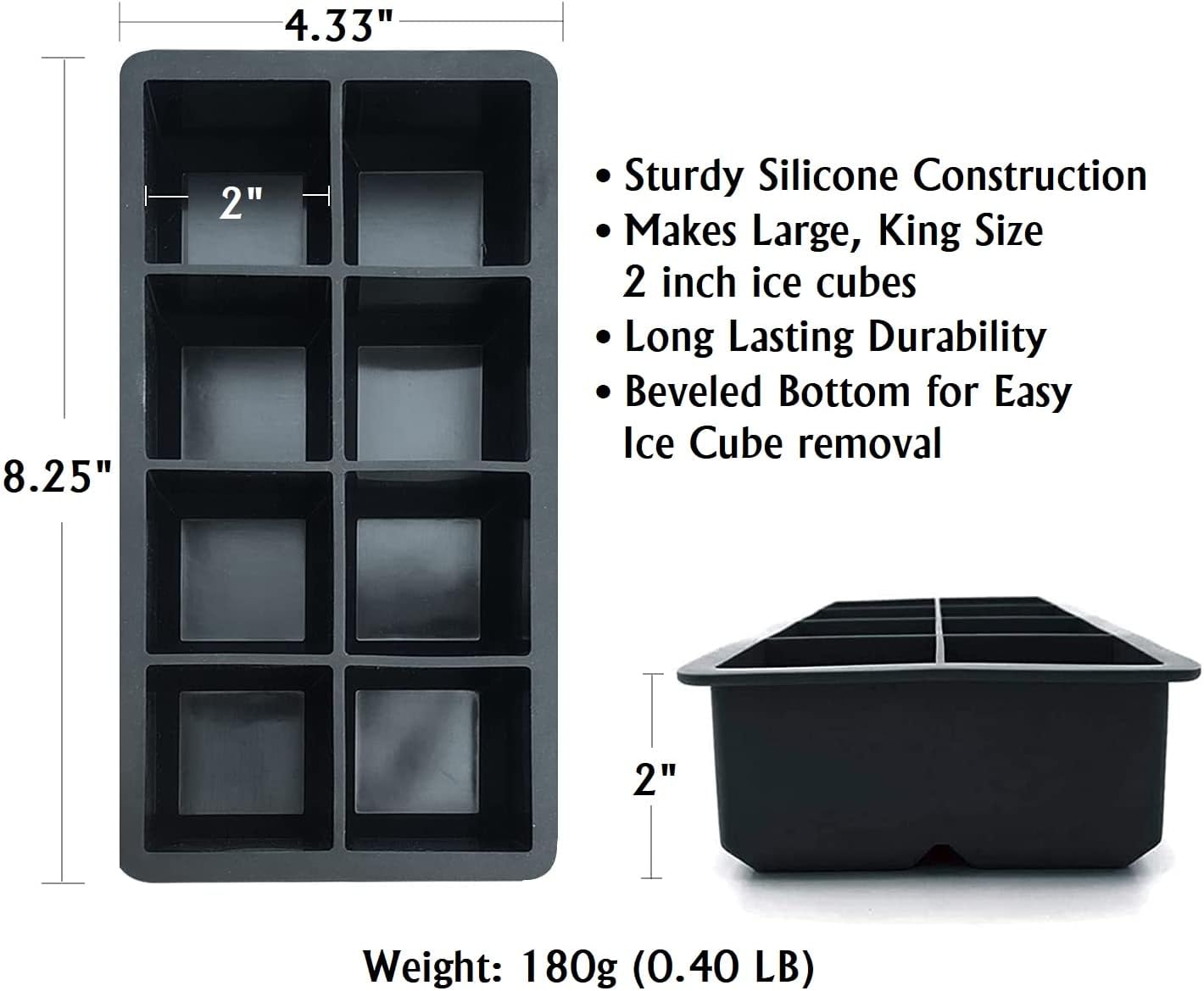 Froz Silicone Ice Cube Trays 2 Pack, Makes 8 Big 2 Inch Square Ice Cubes for Whiskey and Cocktails