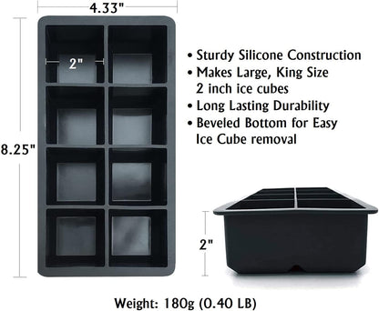 Froz Silicone Ice Cube Trays 2 Pack, Makes 8 Big 2 Inch Square Ice Cubes for Whiskey and Cocktails