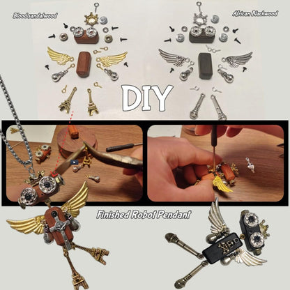 DEUXPER Unique Cross Necklace DIY Set - Wooden Steampunk Robot Charms Pendants, Keychain Decor, Cute Bag Chain, Gold Silver Jewelry Gifts Craft Project for Women Men