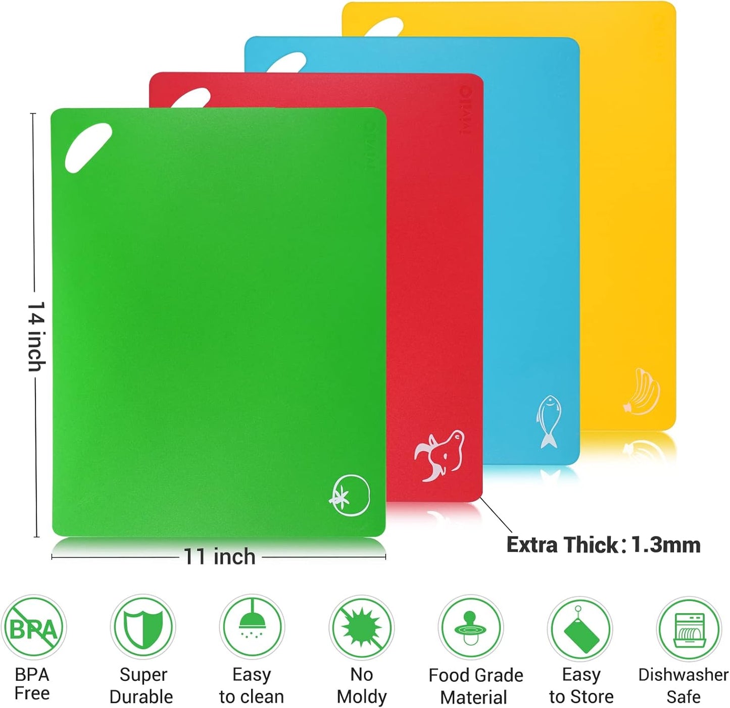 Kitchen Plastic Cutting Board Set, Extra Thick Flexible Non-Slip Chopping Board with Colored Icons, Set of 4