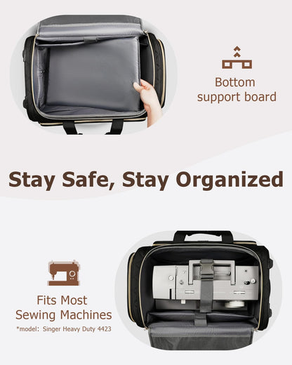 Arcoyard Sewing Machine Case with Wheels, Integrated Rolling Sewing Machine Carrying Tote Bag with Removable Bottom Board & Multiple Storage Pockets, Compatible with Singer, Brother, Janome, Black