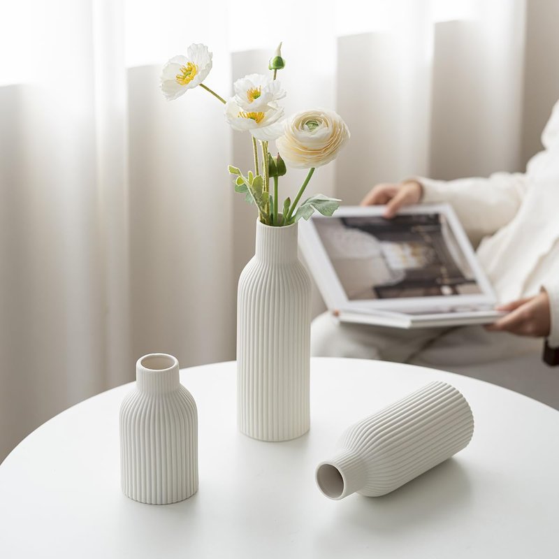 Modern Ceramic Vases Set of 3, White Ribbed Decorative Vases, Shelf Table Centerpiece for Home Decor, Birthday Gifts for Women, Mom, Grandma Decorative (White)