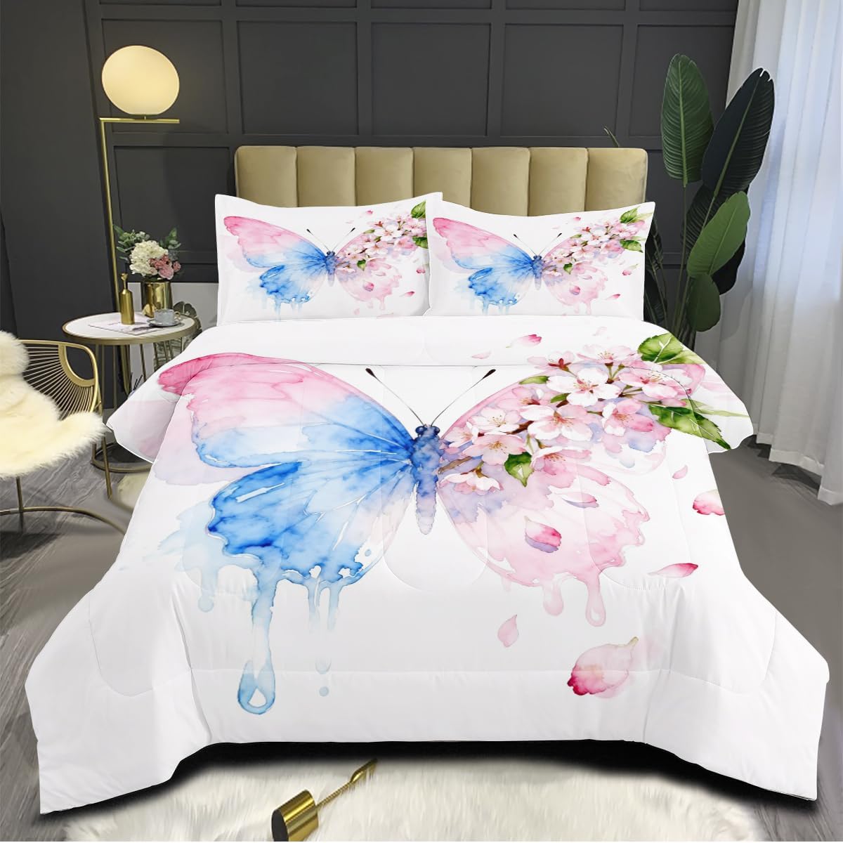 Set 3 Set 2 CCoutueChen Butterfly Comforter Queen Pieces Blue Pink Butterfly Bedding for Kids Teens Butterflies Cherry