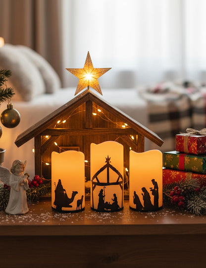 Glflickerow 3 Pcs Christmas Nativity Scene Candles with Timer Remote Battery Operated Led Pillar Religion Flameless Candles for Xmas Holiday Home Decor